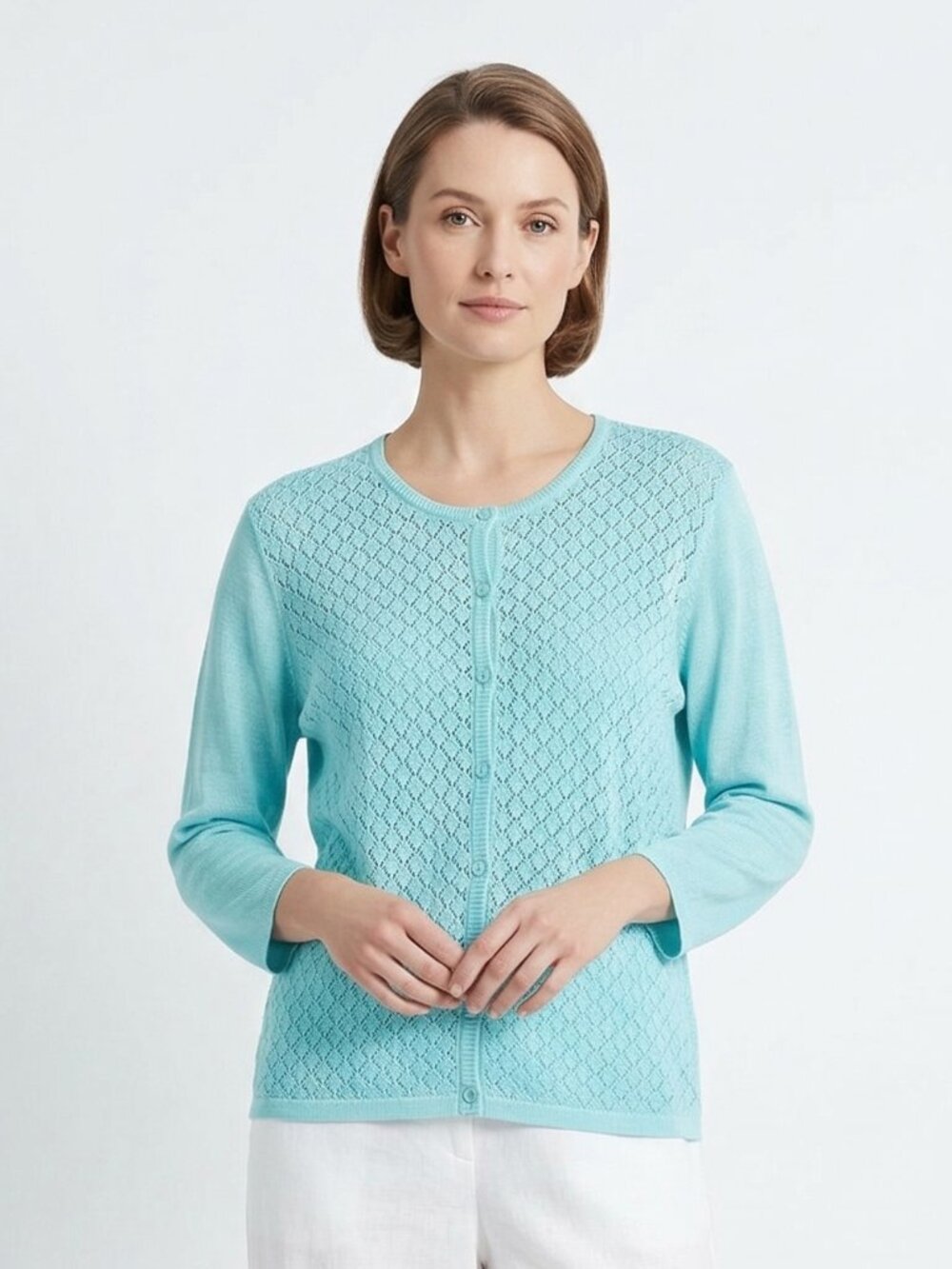 Norton McNaughton Cardigan Sweater Pointelle Knit Coastal Grandma Blue 1X